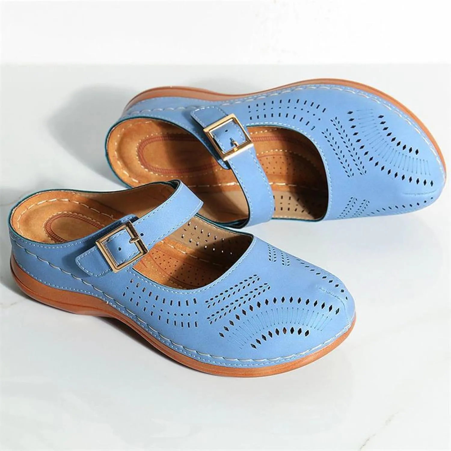 Clogs for Women Mule Sandals Comfortable Summer Platform Orthopedic Sandals, Round Toe Closed Toe Walking Slippers Hollow Out Breathable Buckle Walking Shoes