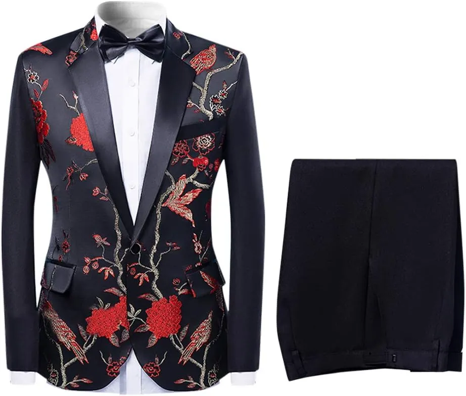 Cloudstyle Mens Suits One Button Floral Blazer 2-Piece Wedding Suits Jacket and Pants