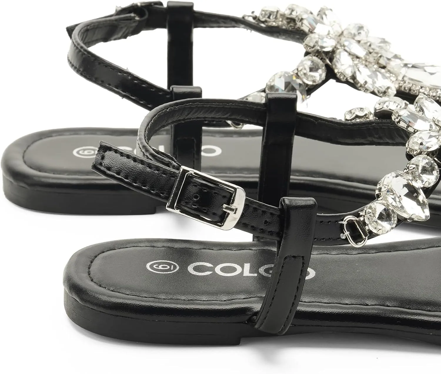 Colgo Women's T-Strap Flat Sandals, Elegant Glitter Rhinestone Thong Dress Shoes, Comfortable Wedding Sandals for Summer Beach Parties
