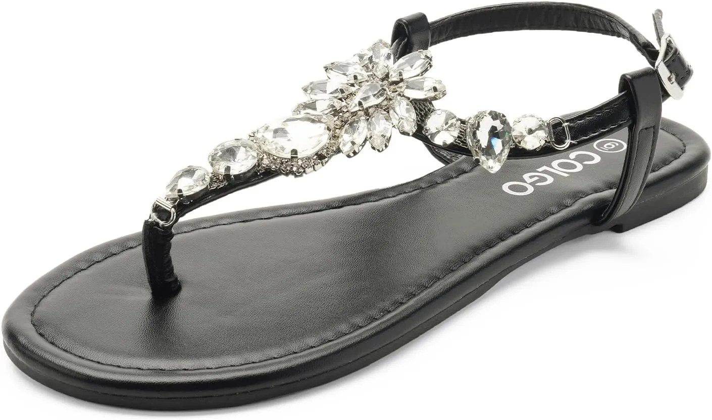 Colgo Women's T-Strap Flat Sandals, Elegant Glitter Rhinestone Thong Dress Shoes, Comfortable Wedding Sandals for Summer Beach Parties