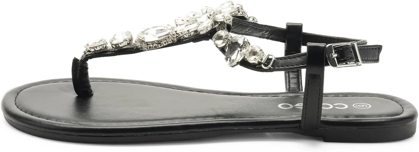 Colgo Women's T-Strap Flat Sandals, Elegant Glitter Rhinestone Thong Dress Shoes, Comfortable Wedding Sandals for Summer Beach Parties