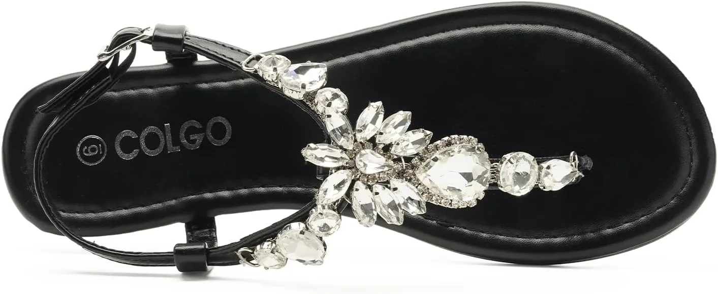 Colgo Women's T-Strap Flat Sandals, Elegant Glitter Rhinestone Thong Dress Shoes, Comfortable Wedding Sandals for Summer Beach Parties