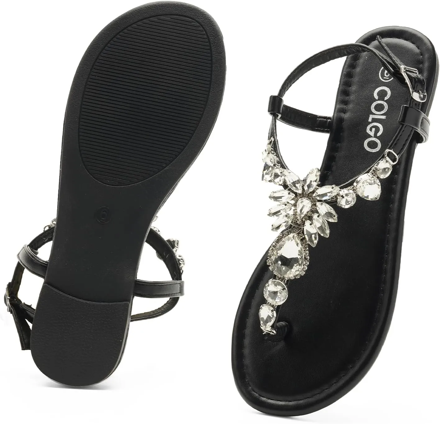 Colgo Women's T-Strap Flat Sandals, Elegant Glitter Rhinestone Thong Dress Shoes, Comfortable Wedding Sandals for Summer Beach Parties