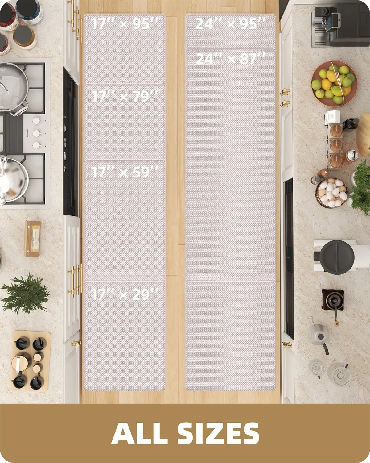 Color&Geometry Kitchen Rug Set 2 Piece Runner Floor Mat, Cushioned Anti Fatigue Kitchen Mat Non Skid Waterproof Comfort Standing,17"x29" 17"x59", Wheat