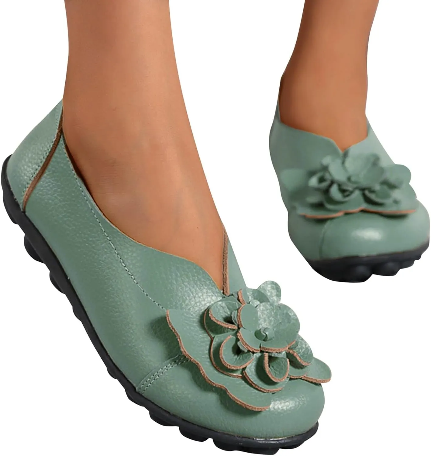 Comfortable Walking Slip on Flat Shoes Ladies Dressy Loafers Breathable Leather Wide Width Loafer Round Toe Wild Fashion Soft Casual Outdoor Sandals for Women