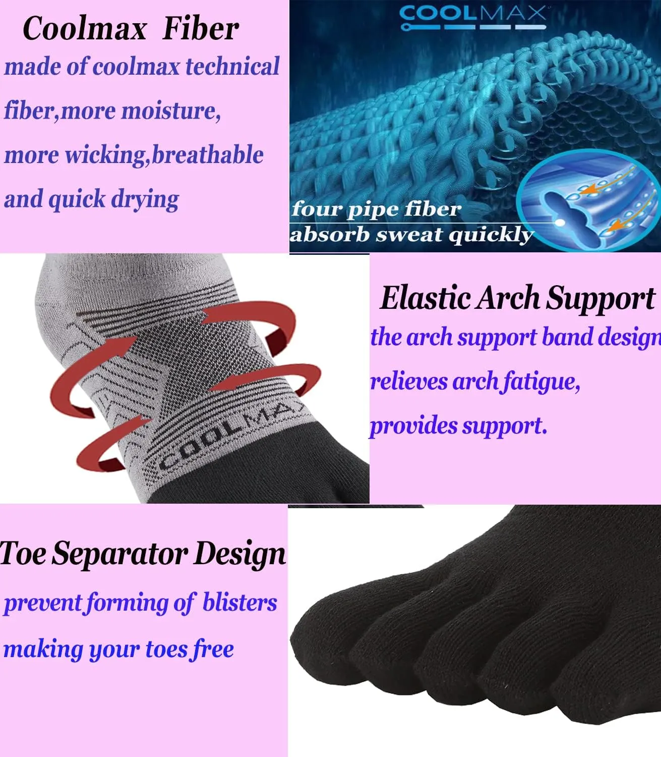 Coolmax Toe Socks for Women and Men No Show Low Cut High Performance 5 Finger Running Socks Athletic Wicking 3 Pack