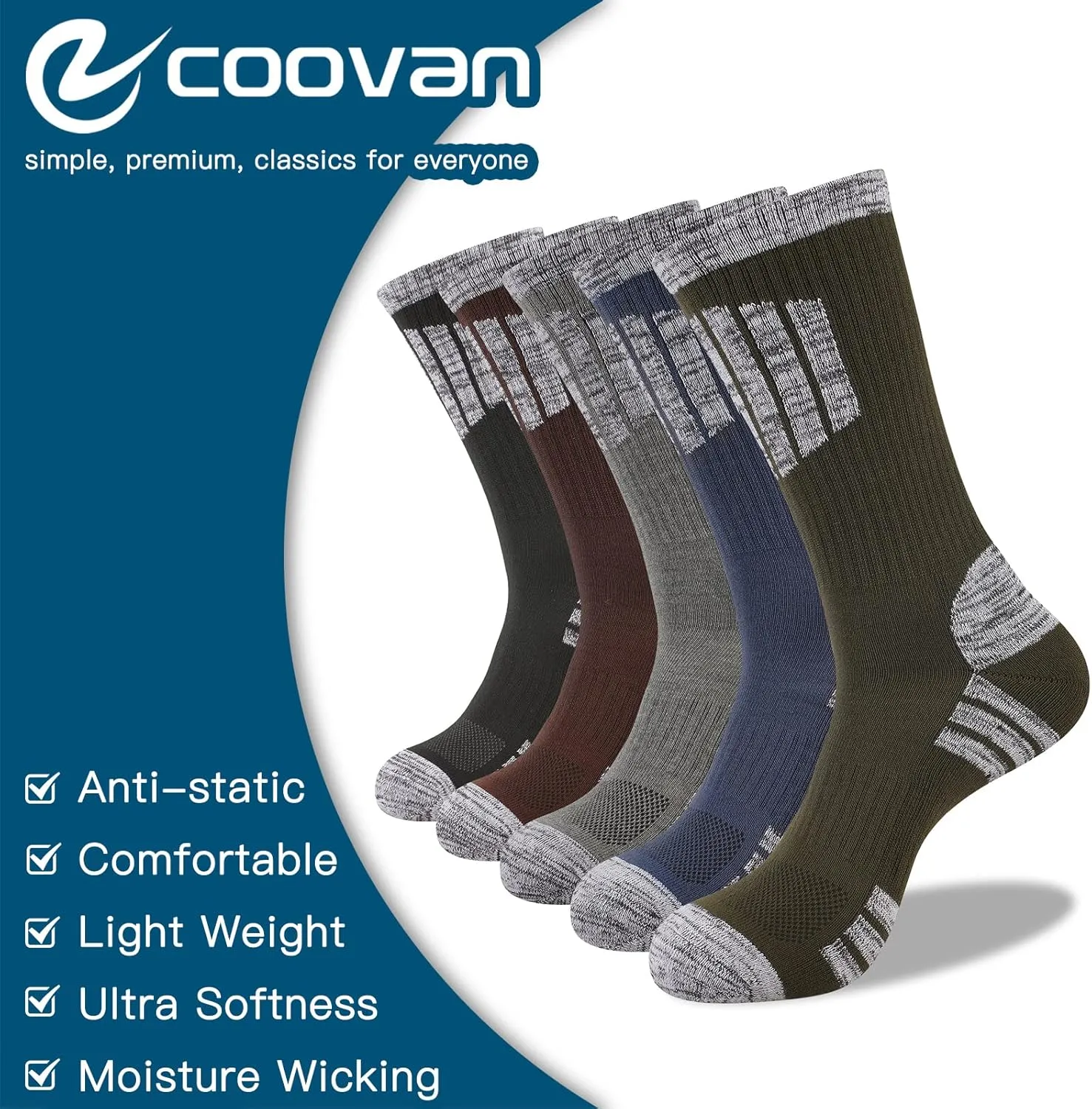 COOVAN Mens Hiking Crew Socks 5 Pairs Moisture Wicking Cushioned Athletic Boot Outdoor Socks