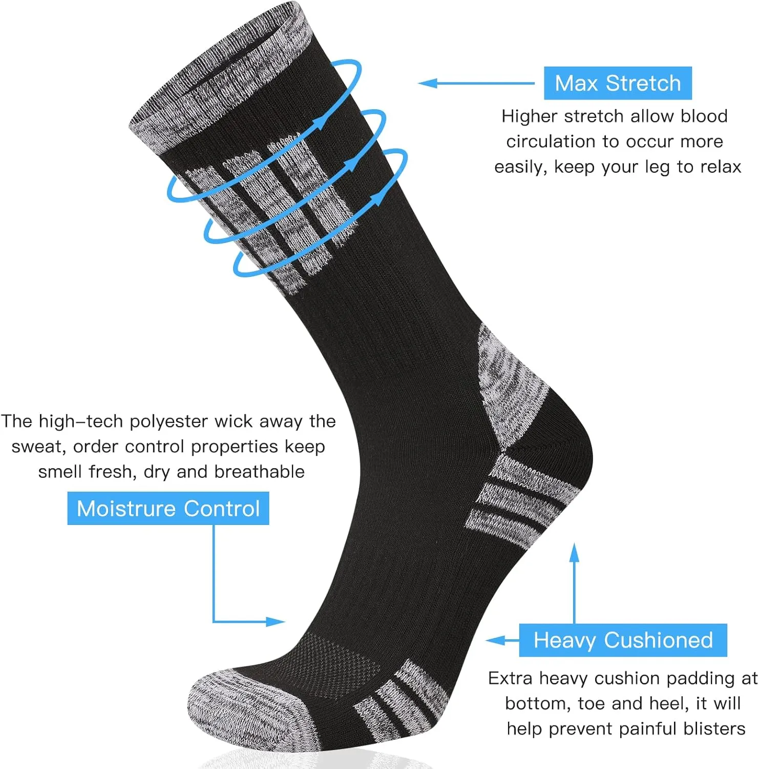COOVAN Mens Hiking Crew Socks 5 Pairs Moisture Wicking Cushioned Athletic Boot Outdoor Socks