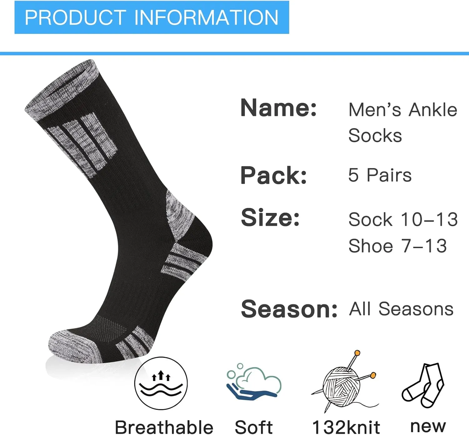 COOVAN Mens Hiking Crew Socks 5 Pairs Moisture Wicking Cushioned Athletic Boot Outdoor Socks