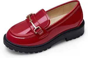 Coutgo Girl's Platform Loafers Slip On Chain Chunky Heel Leather Flats Round Toe School Uniform Dress Shoes