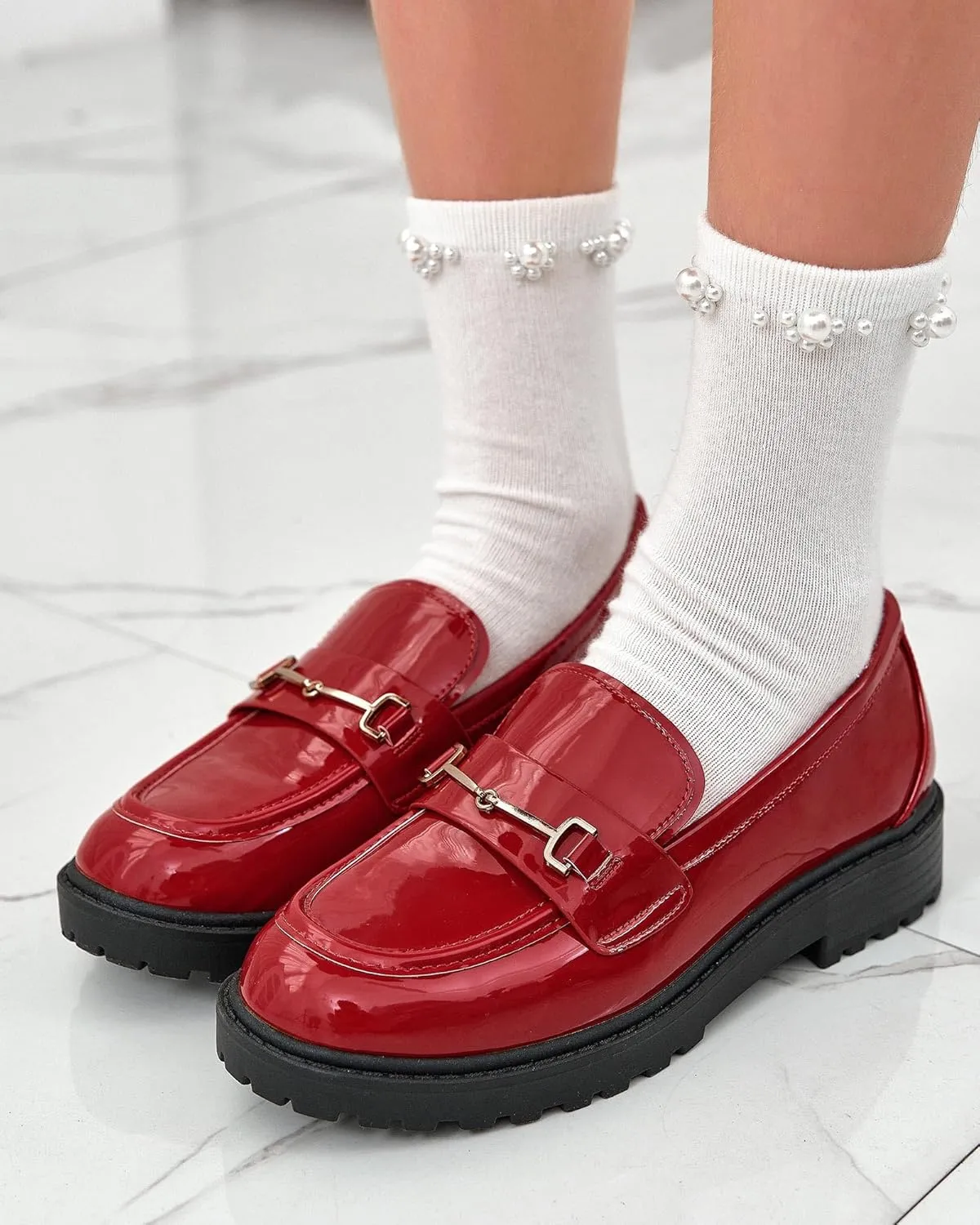 Coutgo Girl's Platform Loafers Slip On Chain Chunky Heel Leather Flats Round Toe School Uniform Dress Shoes