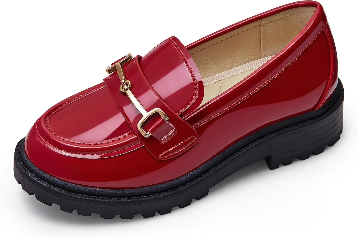 Coutgo Girl's Platform Loafers Slip On Chain Chunky Heel Leather Flats Round Toe School Uniform Dress Shoes