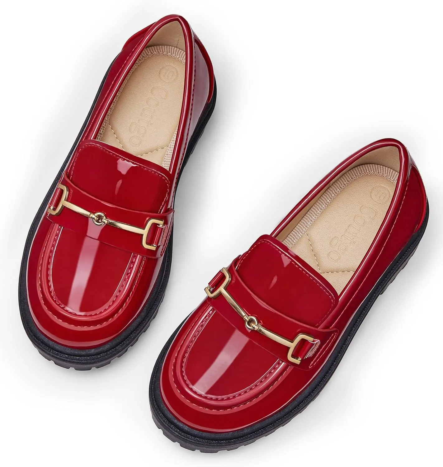 Coutgo Girl's Platform Loafers Slip On Chain Chunky Heel Leather Flats Round Toe School Uniform Dress Shoes
