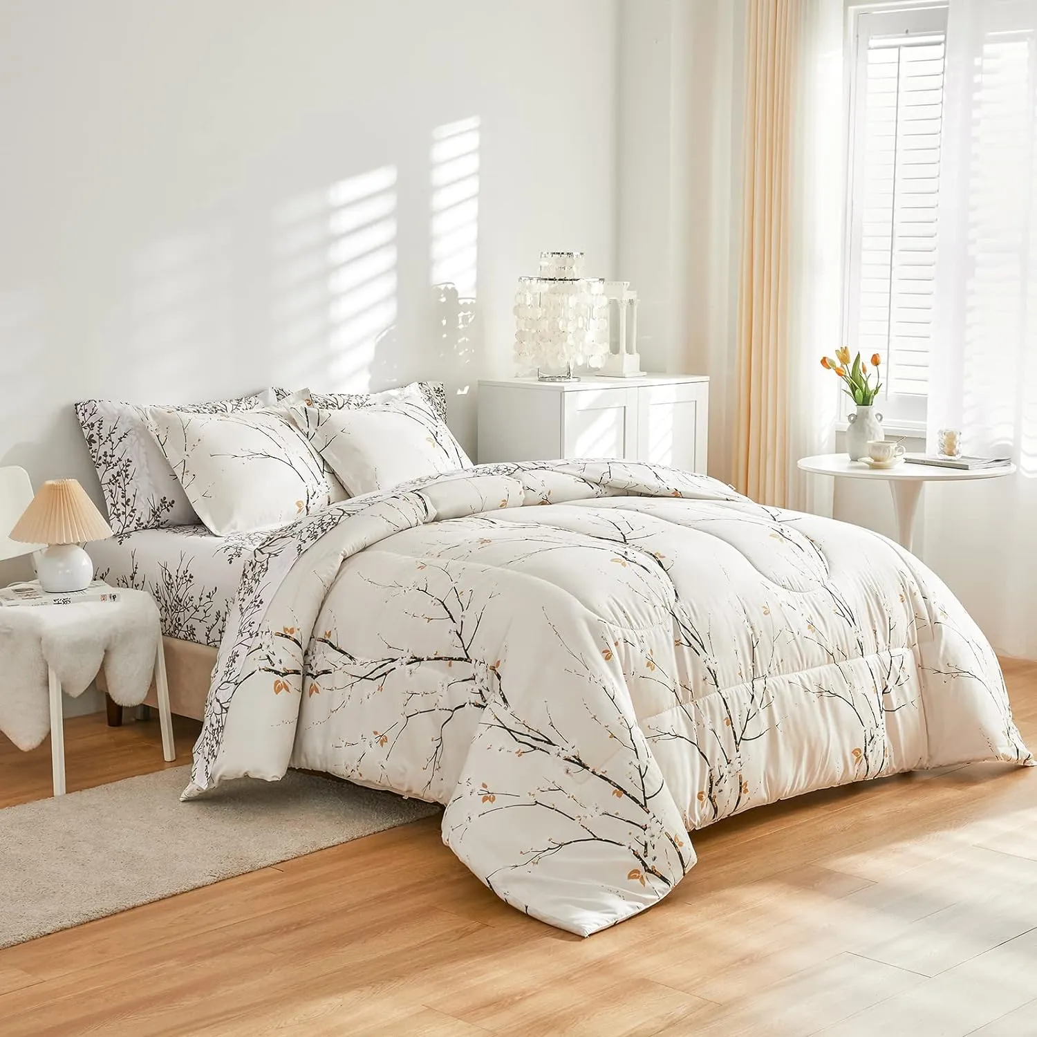 Cream White Bed in a Bag Queen 7 pc Branch Style All Season Soft Microfiber Reversible Bed Comforter Set (1 Comforter 2 Pillow Shams 1 Flat Sheet 1 Fitted Sheet 2 Pillowcases)