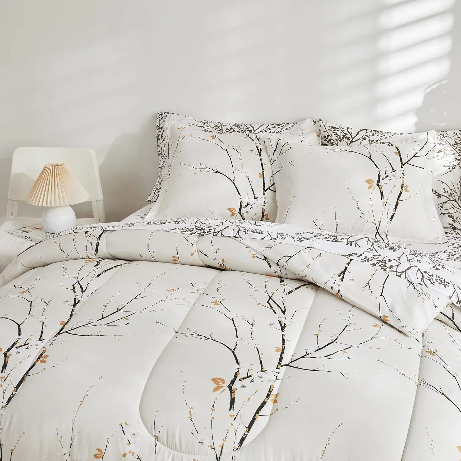 Cream White Bed in a Bag Queen 7 pc Branch Style All Season Soft Microfiber Reversible Bed Comforter Set (1 Comforter 2 Pillow Shams 1 Flat Sheet 1 Fitted Sheet 2 Pillowcases)