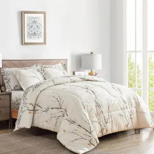 Cream White Bed in a Bag Queen 7 pc Branch Style All Season Soft Microfiber Reversible Bed Comforter Set (1 Comforter 2 Pillow Shams 1 Flat Sheet 1 Fitted Sheet 2 Pillowcases)