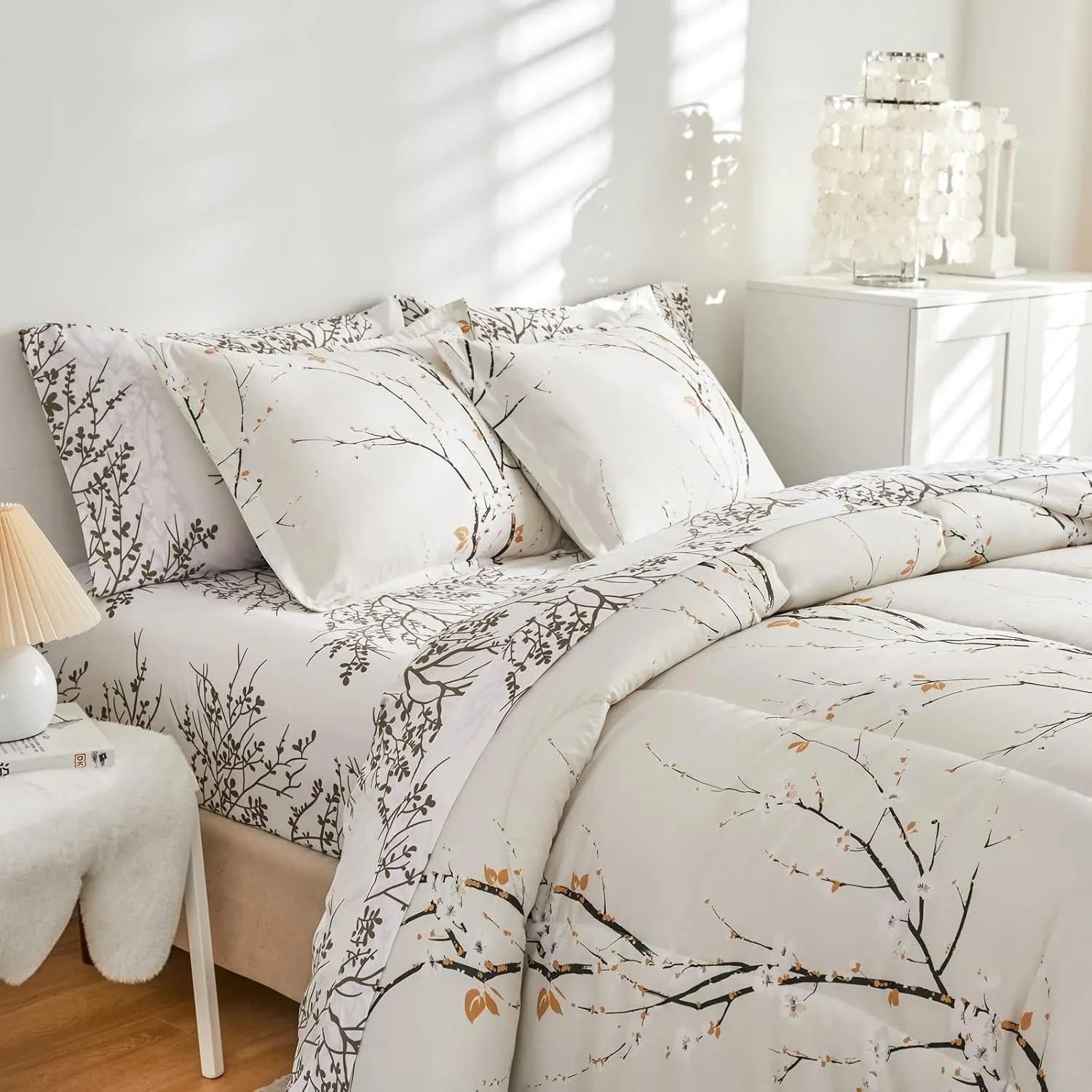 Cream White Bed in a Bag Queen 7 pc Branch Style All Season Soft Microfiber Reversible Bed Comforter Set (1 Comforter 2 Pillow Shams 1 Flat Sheet 1 Fitted Sheet 2 Pillowcases)