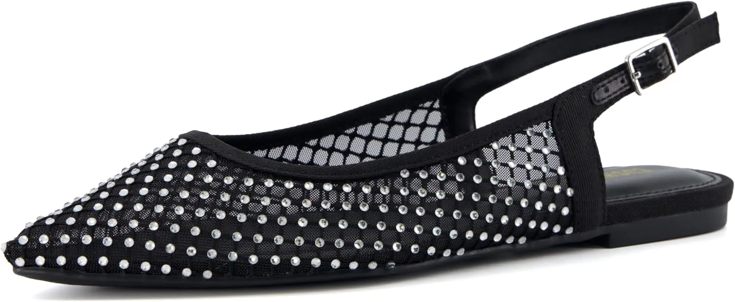 CUSHIONAIRE Women's Lark Rhinestone Mesh Slingback Flat with Adjustable Buckle,  Memory Foam, Wide Widths Available