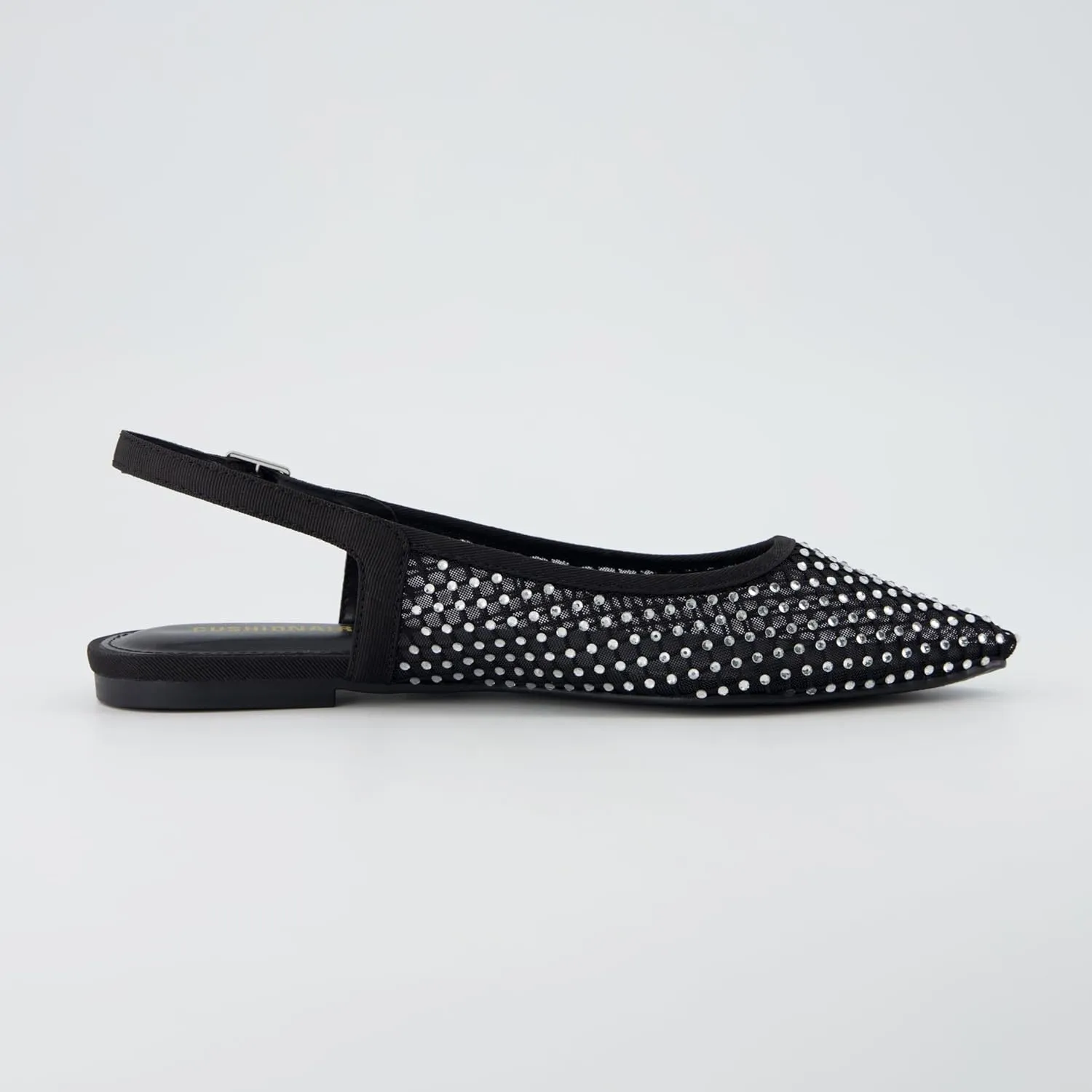 CUSHIONAIRE Women's Lark Rhinestone Mesh Slingback Flat with Adjustable Buckle,  Memory Foam, Wide Widths Available