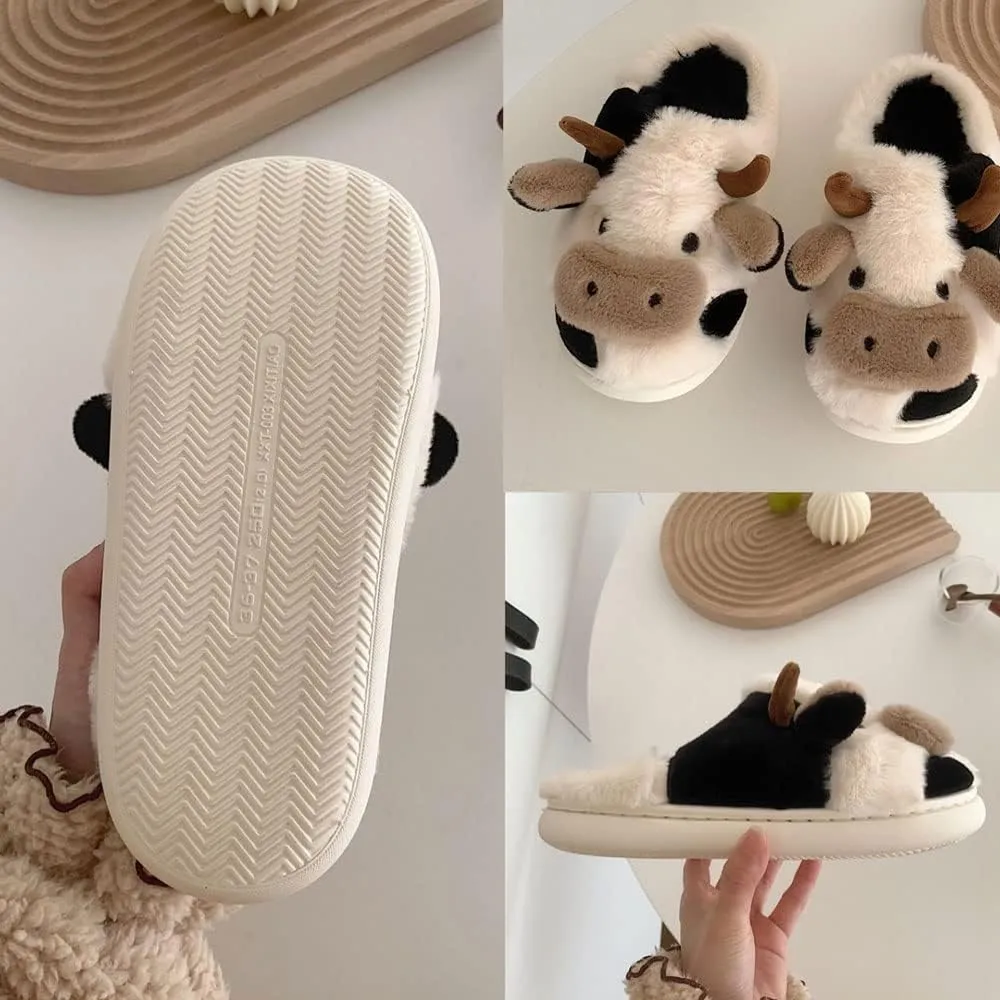 Cute Fuzzy Cow Slippers for Women - Winter Warm Cozy Animal Fluffy House Slippers