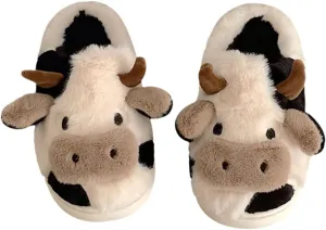 Cute Fuzzy Cow Slippers for Women - Winter Warm Cozy Animal Fluffy House Slippers