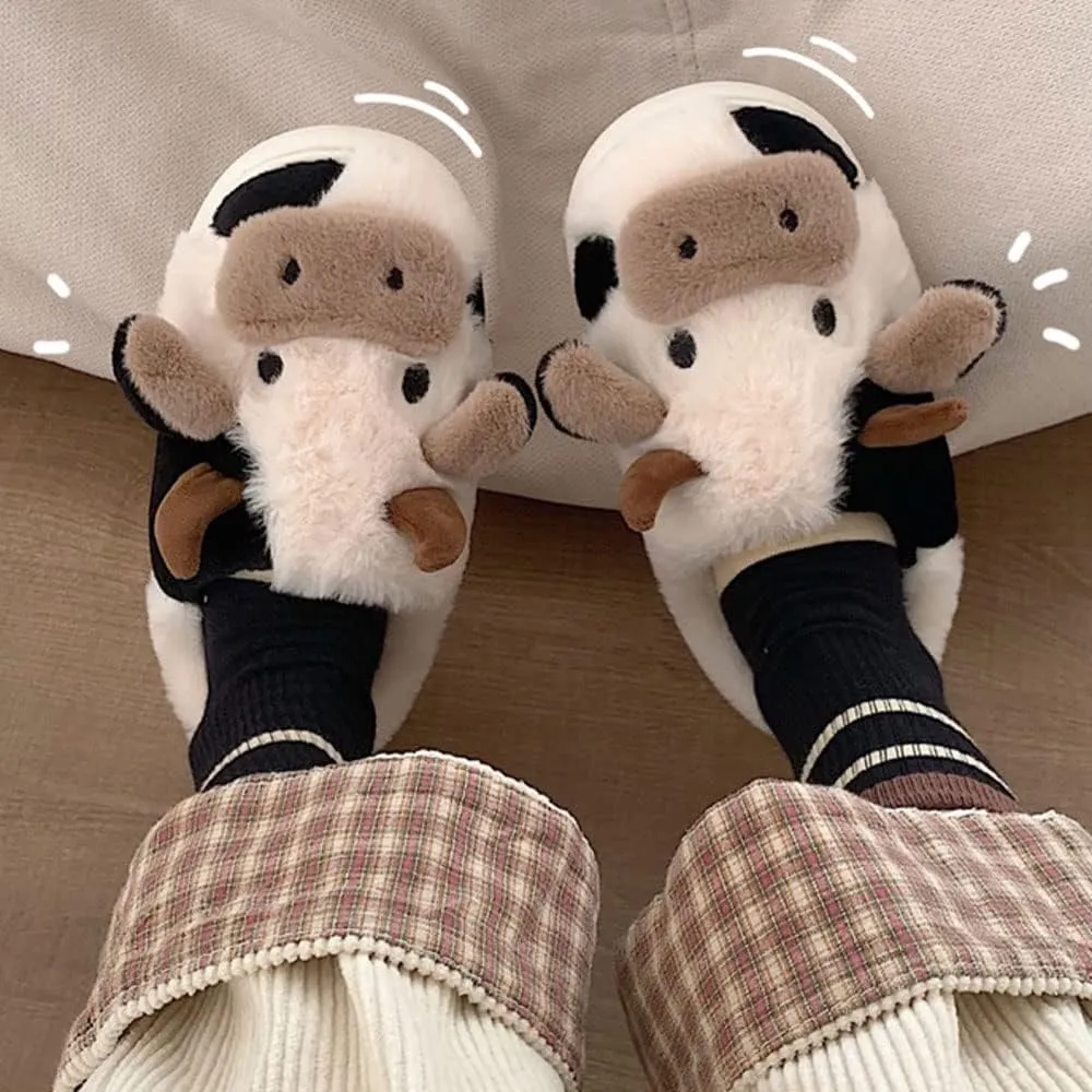 Cute Fuzzy Cow Slippers for Women - Winter Warm Cozy Animal Fluffy House Slippers