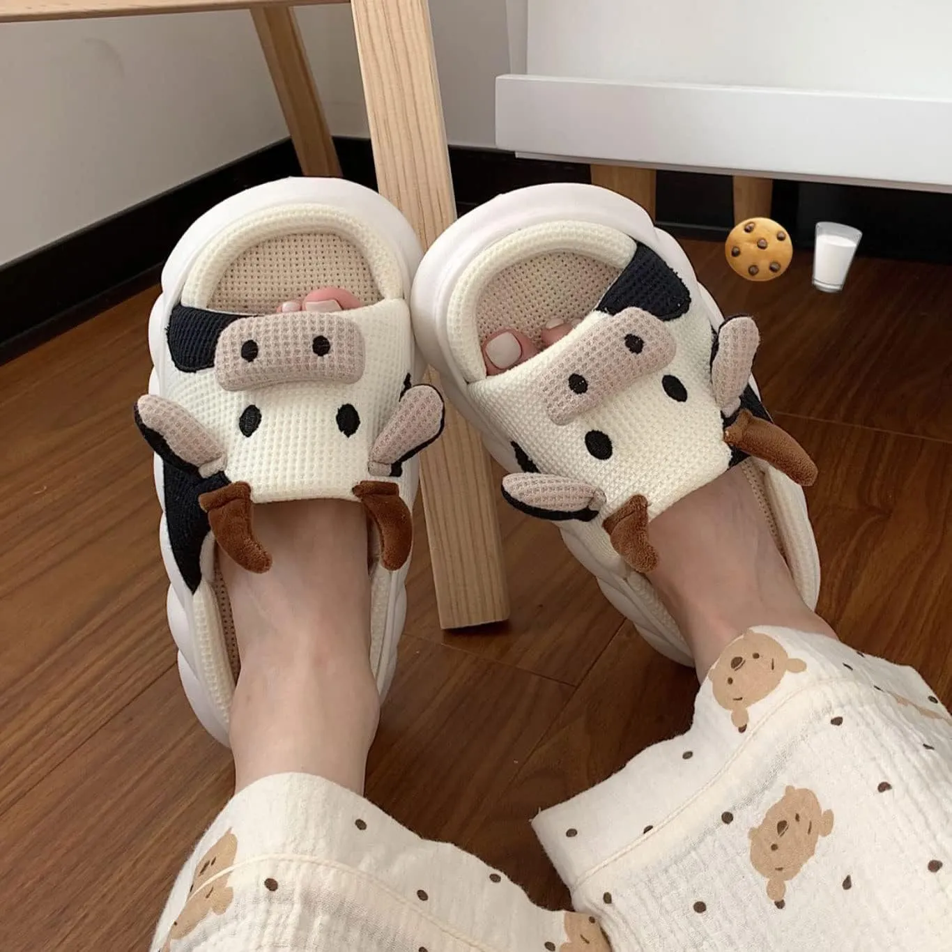 Cute Fuzzy Cow Slippers for Women - Winter Warm Cozy Animal Fluffy House Slippers