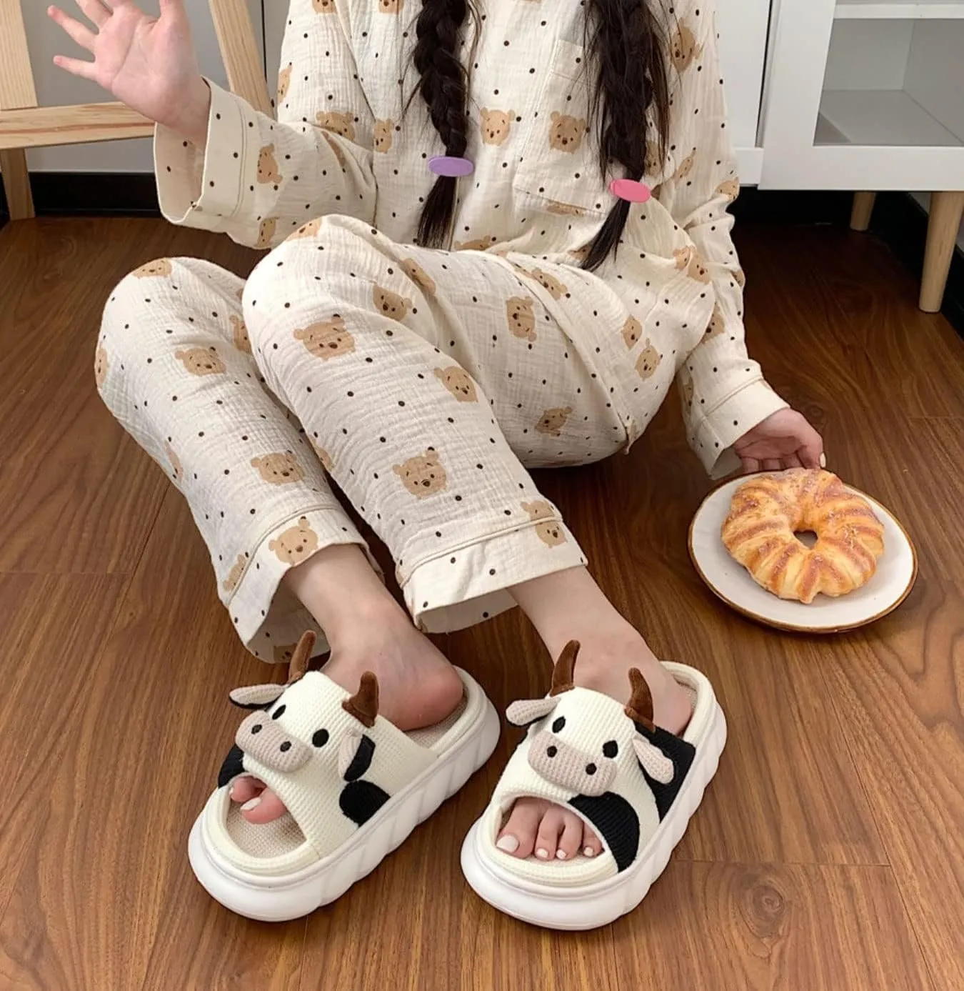 Cute Fuzzy Cow Slippers for Women - Winter Warm Cozy Animal Fluffy House Slippers