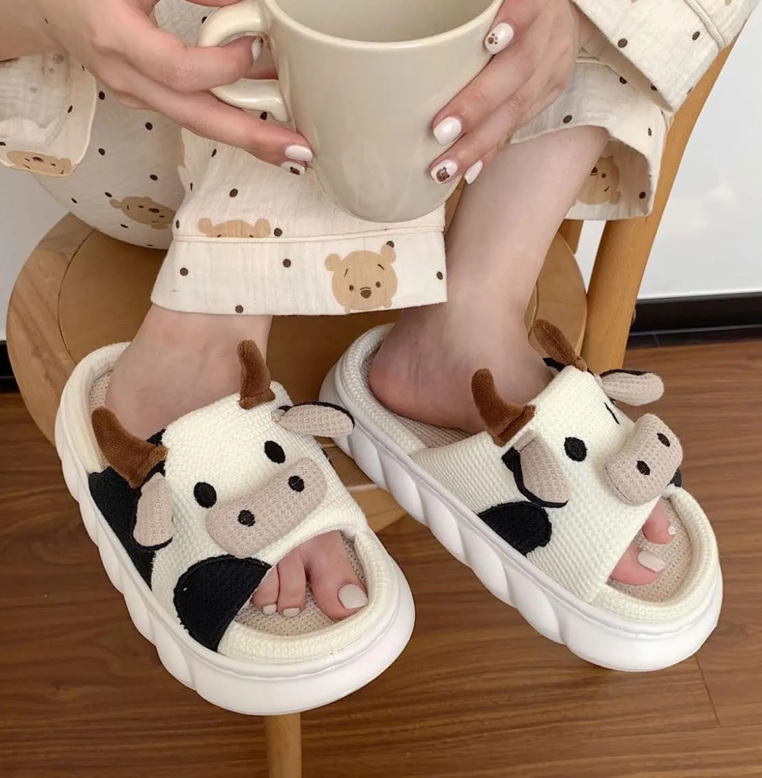 Cute Fuzzy Cow Slippers for Women - Winter Warm Cozy Animal Fluffy House Slippers