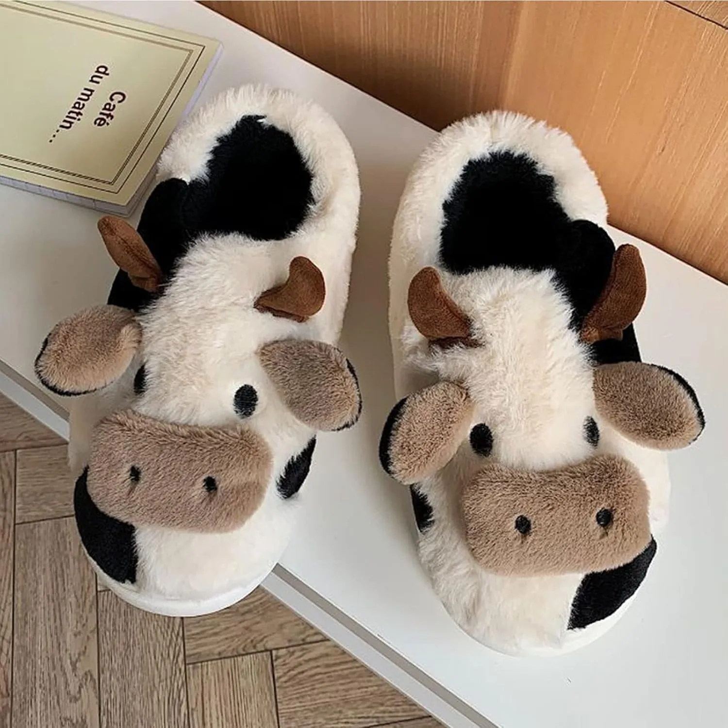 Cute Fuzzy Cow Slippers for Women - Winter Warm Cozy Animal Fluffy House Slippers