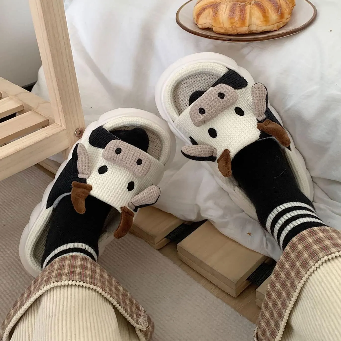Cute Fuzzy Cow Slippers for Women - Winter Warm Cozy Animal Fluffy House Slippers