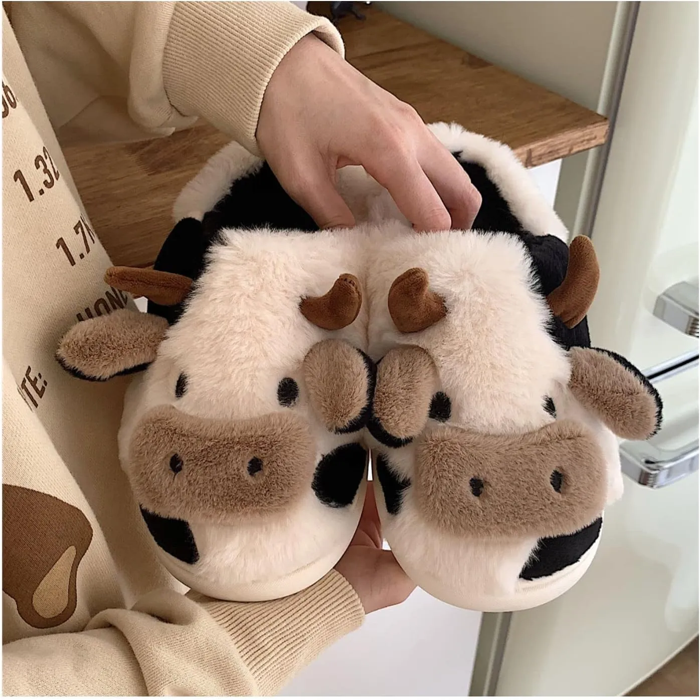 Cute Fuzzy Cow Slippers for Women - Winter Warm Cozy Animal Fluffy House Slippers