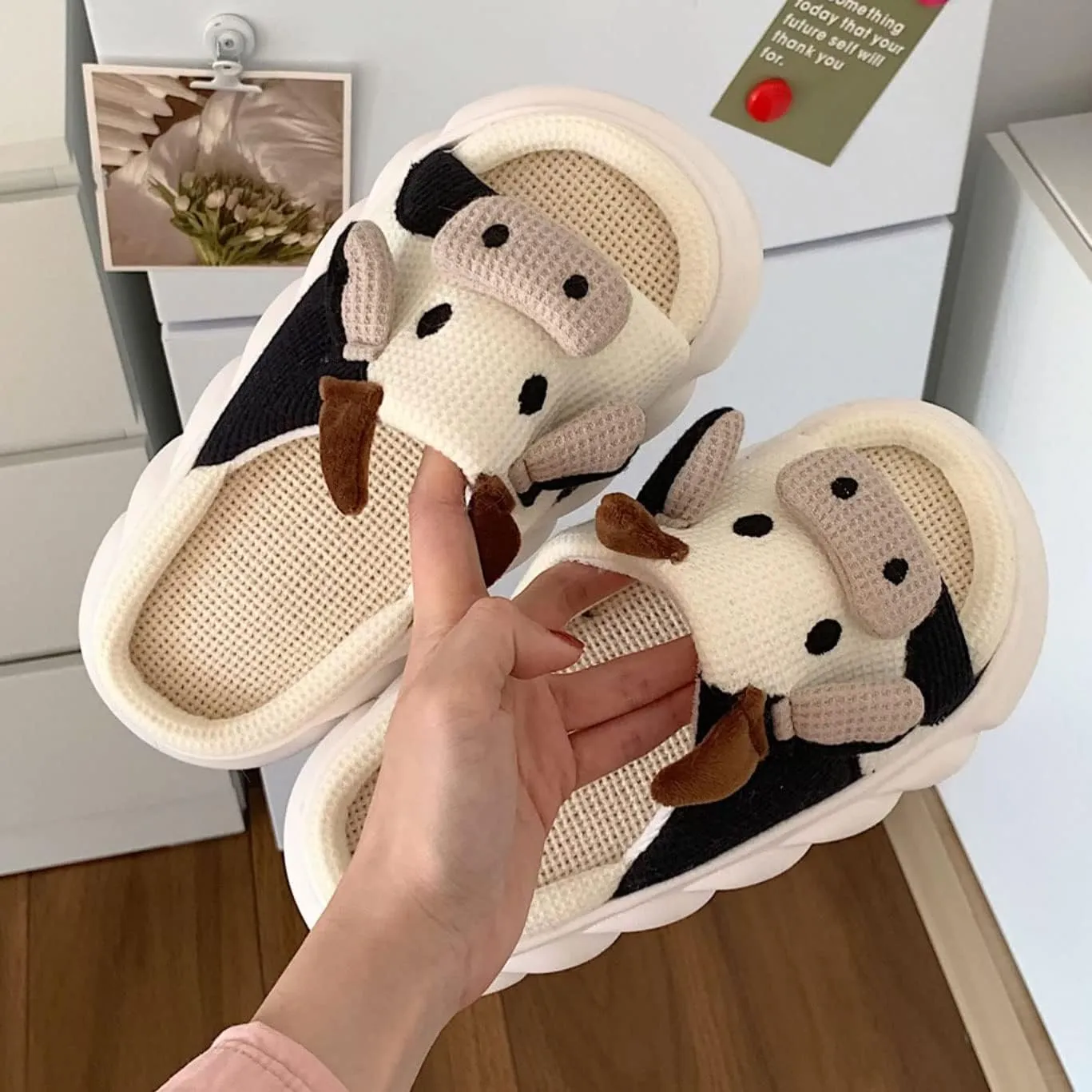 Cute Fuzzy Cow Slippers for Women - Winter Warm Cozy Animal Fluffy House Slippers