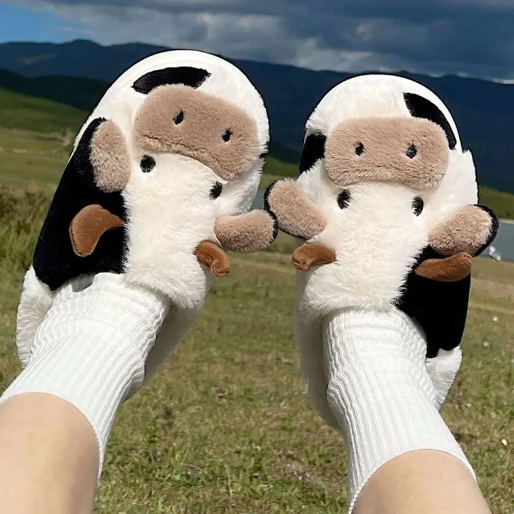 Cute Fuzzy Cow Slippers for Women - Winter Warm Cozy Animal Fluffy House Slippers