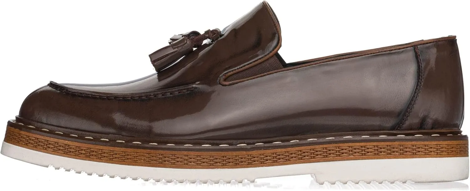 DALGALA Men's Brown Leather Handcrafted Fringe Loafer Shoes Slip on Fashion Eva Sole Lightweight Casual Shoes