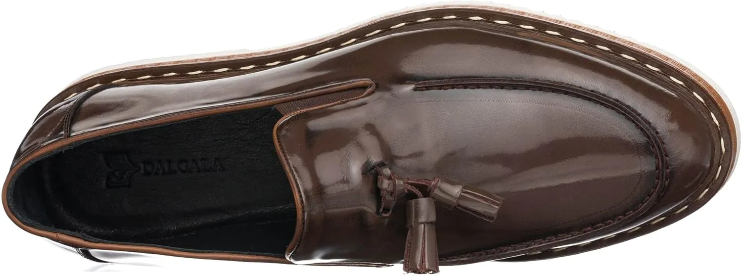 DALGALA Men's Brown Leather Handcrafted Fringe Loafer Shoes Slip on Fashion Eva Sole Lightweight Casual Shoes