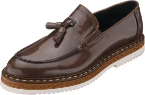 DALGALA Men's Brown Leather Handcrafted Fringe Loafer Shoes Slip on Fashion Eva Sole Lightweight Casual Shoes