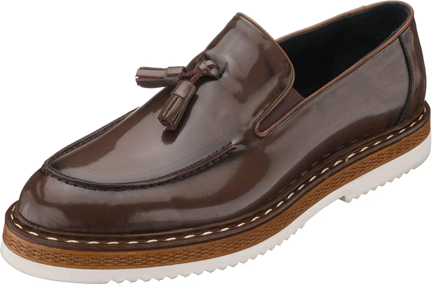 DALGALA Men's Brown Leather Handcrafted Fringe Loafer Shoes Slip on Fashion Eva Sole Lightweight Casual Shoes
