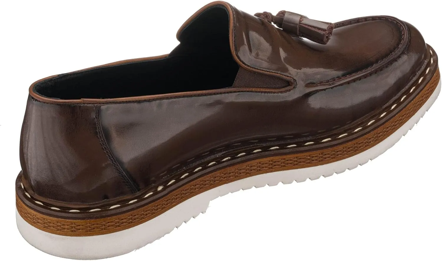 DALGALA Men's Brown Leather Handcrafted Fringe Loafer Shoes Slip on Fashion Eva Sole Lightweight Casual Shoes