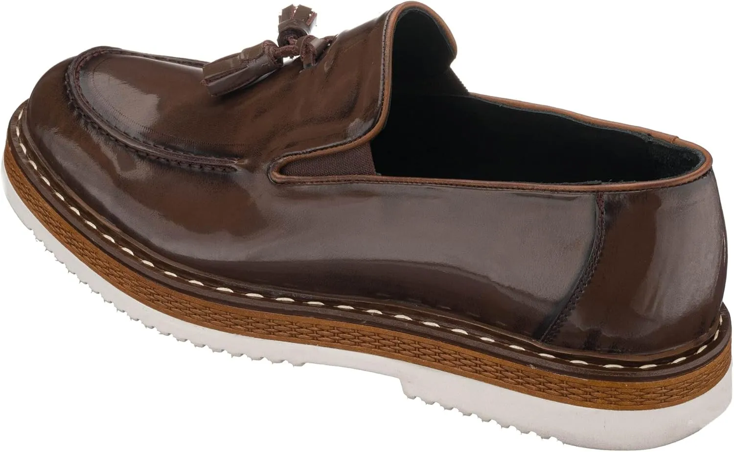 DALGALA Men's Brown Leather Handcrafted Fringe Loafer Shoes Slip on Fashion Eva Sole Lightweight Casual Shoes