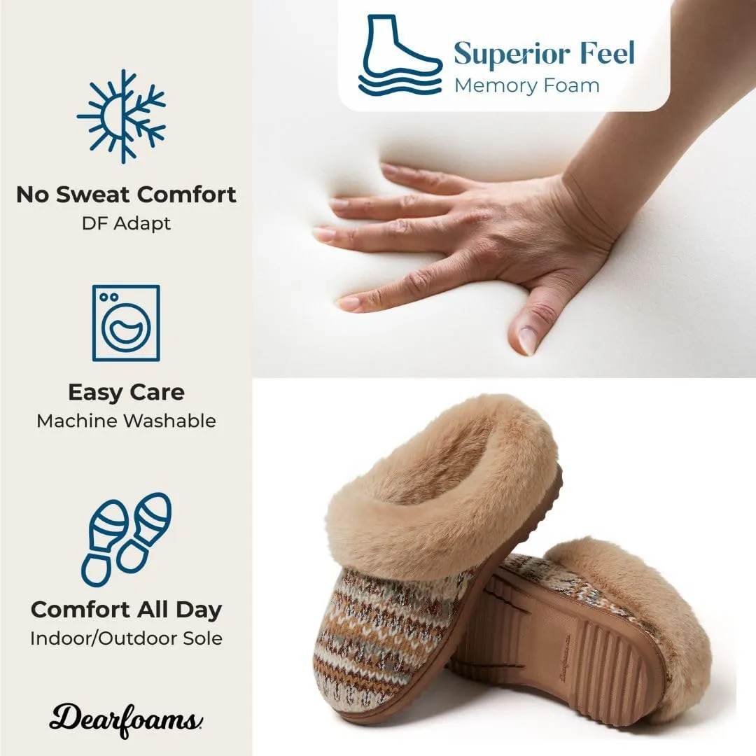 Dearfoams Gifts for Women, Mom, Sister, Wife - Fuzzy Fluffy Memory Foam Slipper - Hannah Knit Clog House Shoe House Slipper