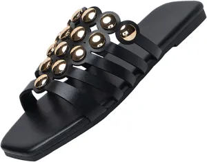 DirraBra Women's Fashion Hollow Rivet Flat Sandals Square Toe Slip On Open Toe Slippers Comfortable Non-slip Summer Casual Beach Sandals