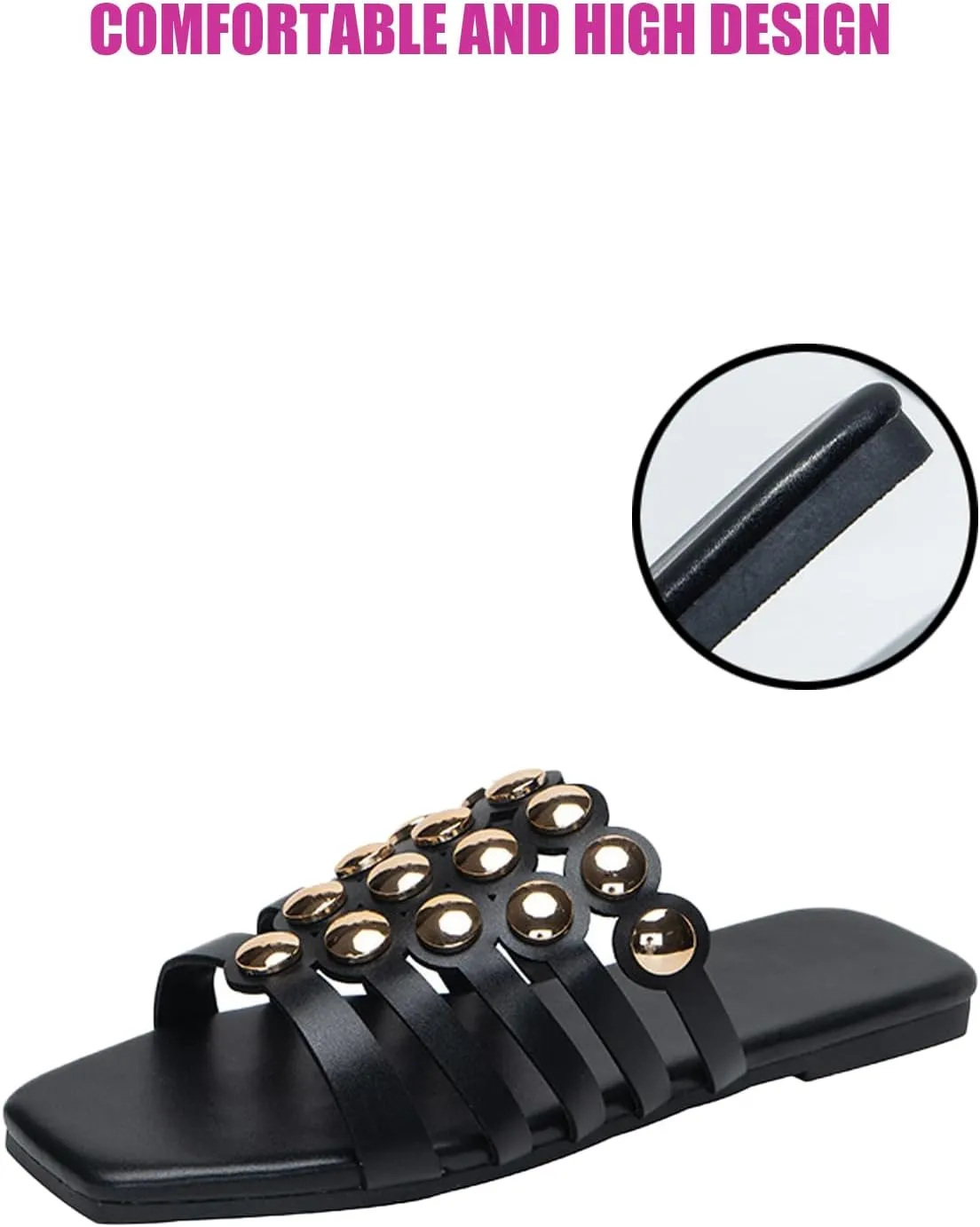 DirraBra Women's Fashion Hollow Rivet Flat Sandals Square Toe Slip On Open Toe Slippers Comfortable Non-slip Summer Casual Beach Sandals