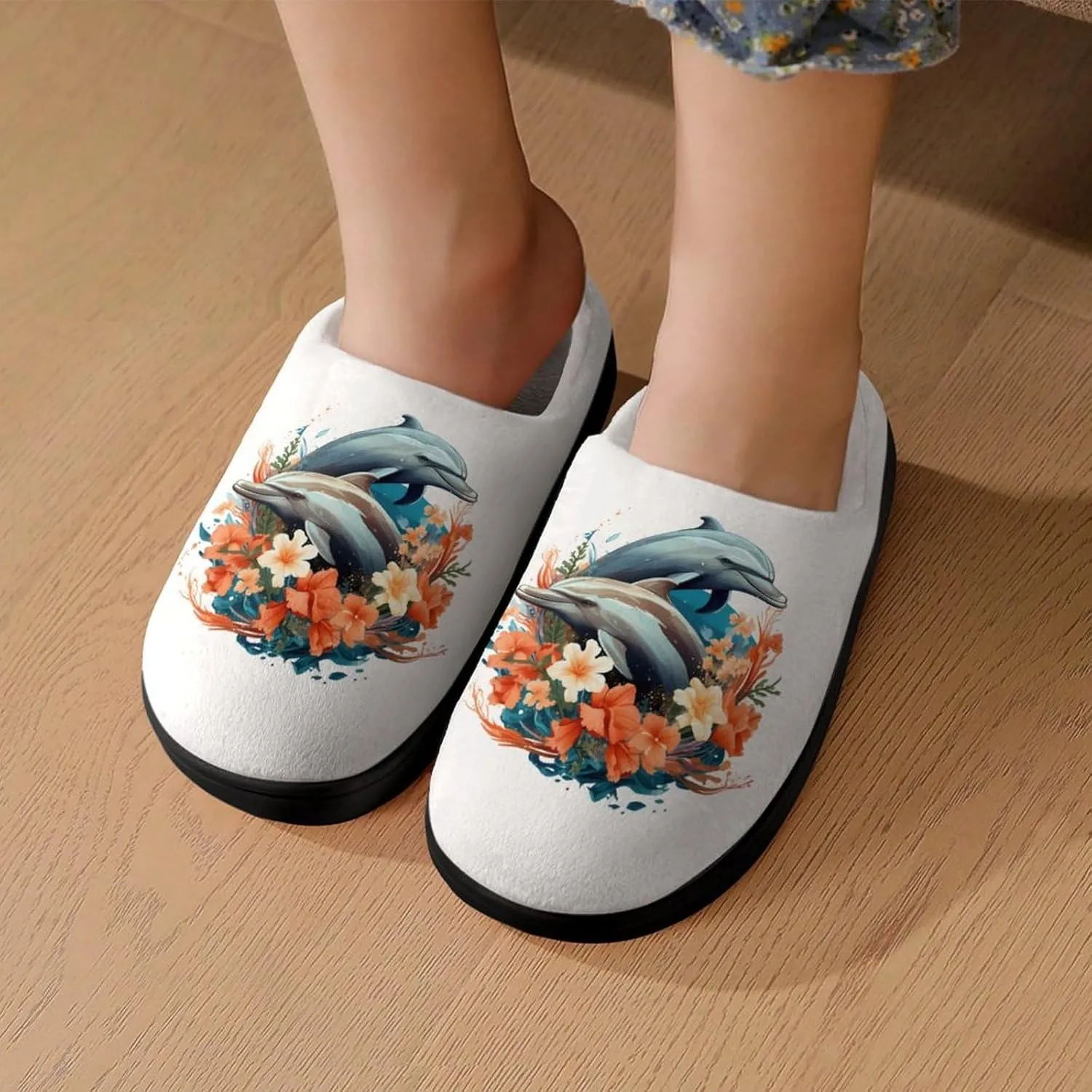 Dolphins Kids Slippers for Girls Boys Winter Warm Plush Slip On House Slippers for Indoor Outdoor