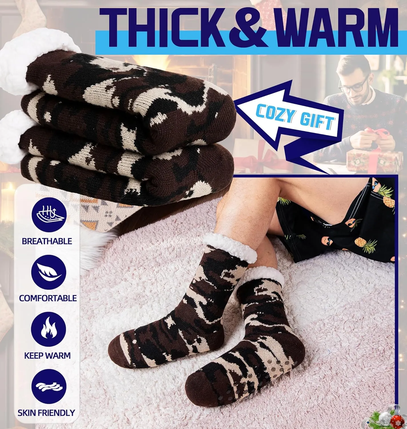DoSmart Men's Winter Thermal Fleece Lining Knit Slipper Socks Soft Warm Cozy Fuzzy Fluffy Christmas Non Slip Socks