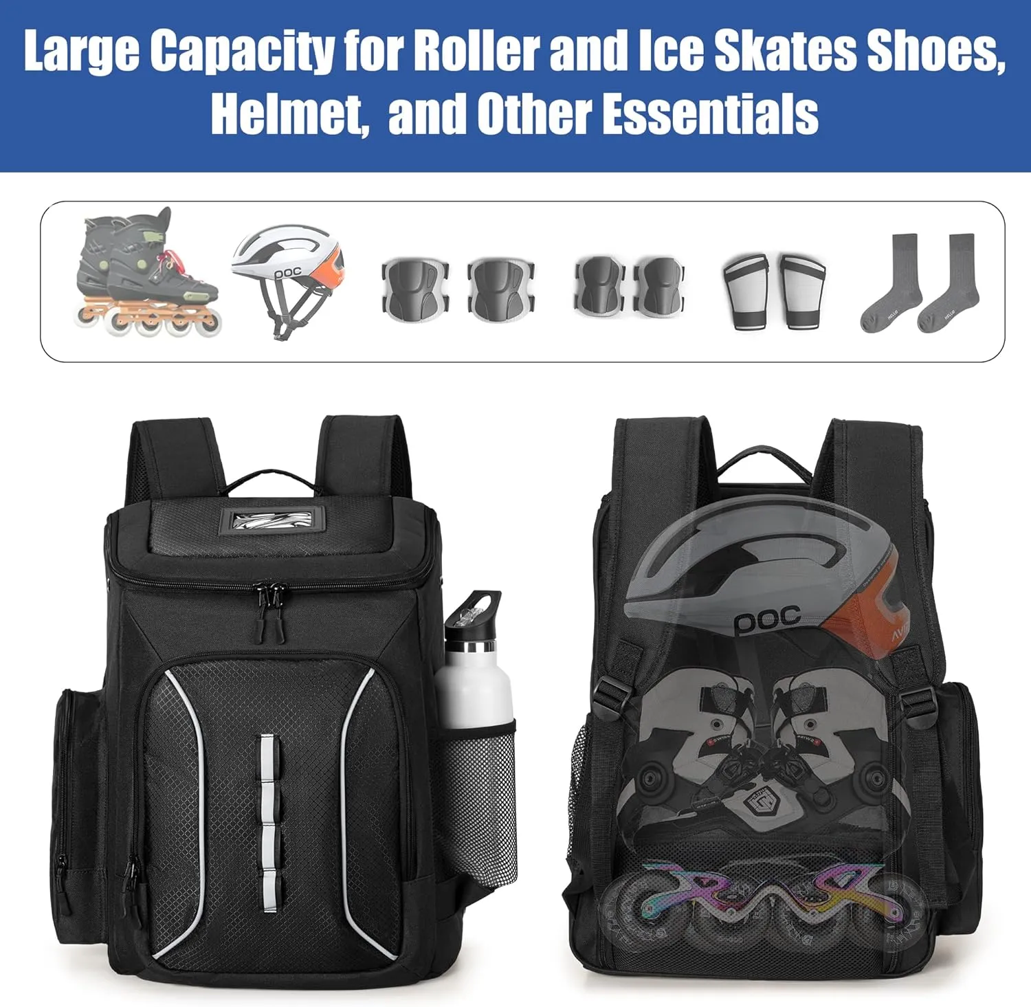 DSLEAF Roller Skate Bag with Large Capacity, Ice Skate Bag Backpack Holds Shoes Up to US Men Size 13, Figure Skate Bag with Multiple Pockets for Inline, Figure, Quad, Speed, Hockey Skating