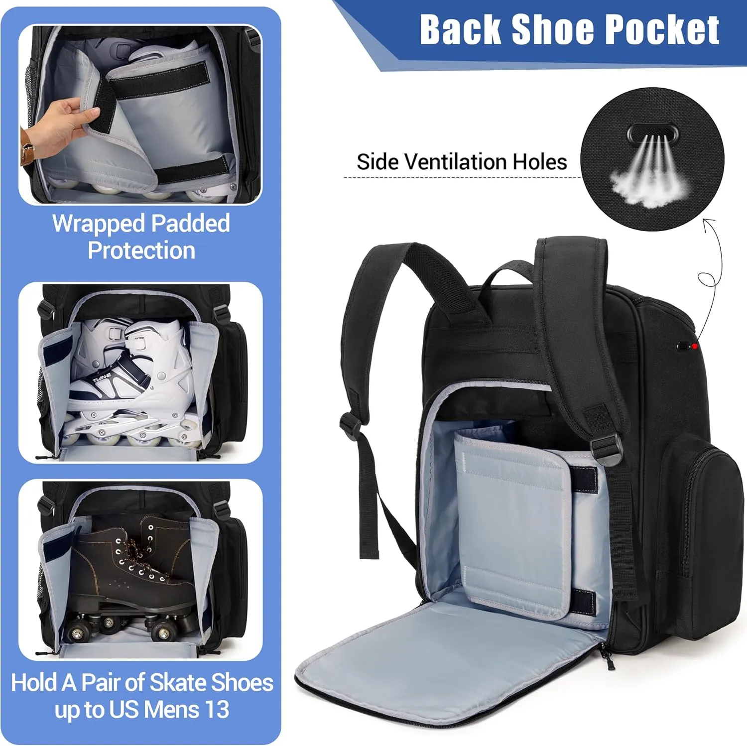 DSLEAF Roller Skate Bag with Large Capacity, Ice Skate Bag Backpack Holds Shoes Up to US Men Size 13, Figure Skate Bag with Multiple Pockets for Inline, Figure, Quad, Speed, Hockey Skating
