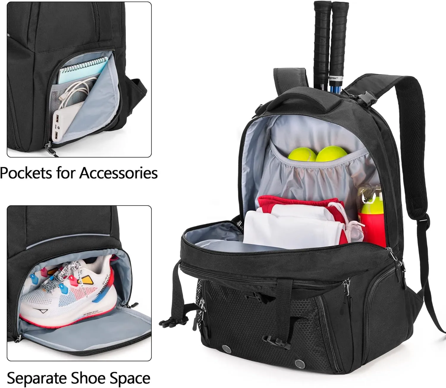 DSLEAF Tennis Backpack for 2 Rackets, Tennis Bag with Separate Ventilated Shoe Space for Tennis/Pickleball/Badminton/Squash Racquet and Accessories
