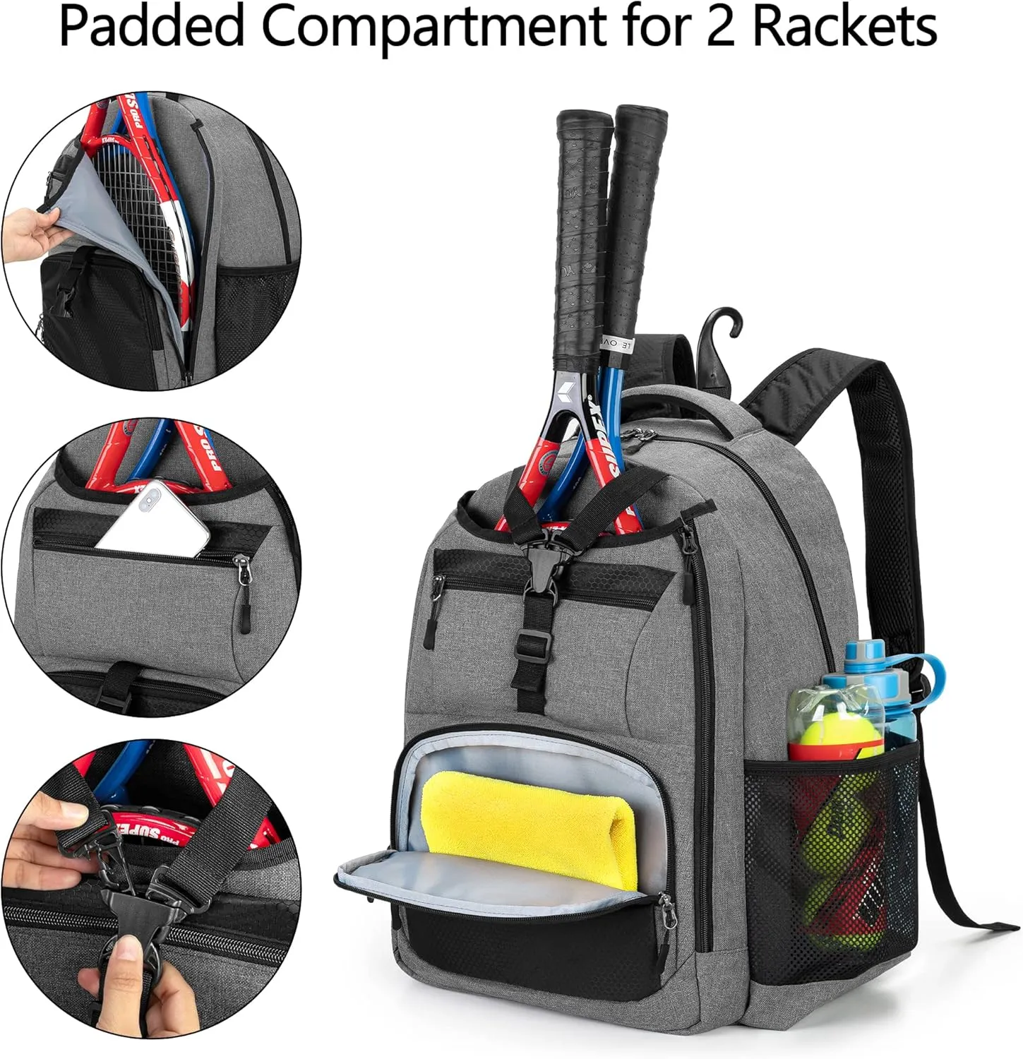 DSLEAF Tennis Bag for Men/Women to Hold 2 Rackets, Tennis Backpack with Separate Shoe Space for Tennis Sport