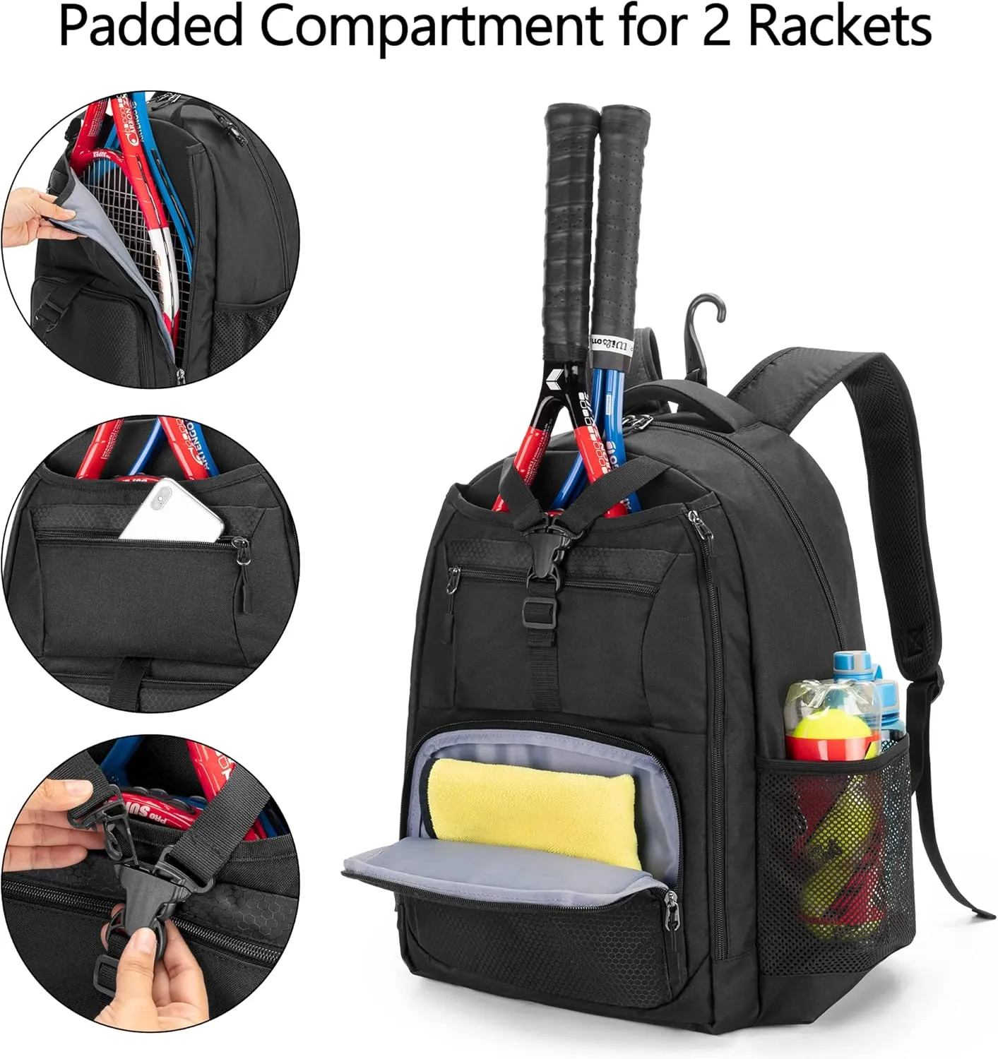 DSLEAF Tennis Bag for Men/Women to Hold 2 Rackets, Tennis Backpack with Separate Shoe Space for Tennis Sport
